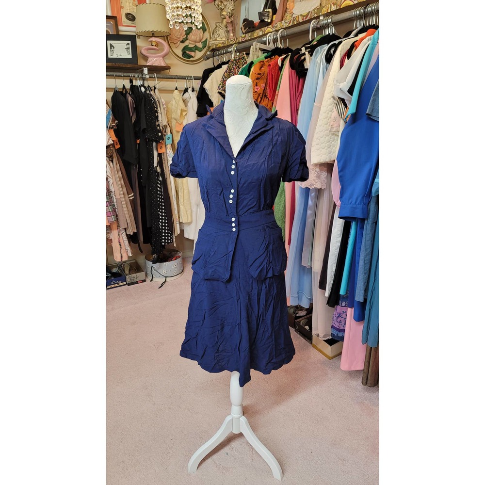 S/XS vintage two navy blue skirt and blouse set
